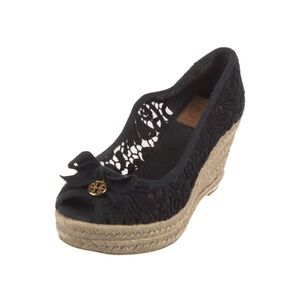 Tory Burch Jackie Black Lace Espadrille Platform Wedge Shoes Size: 8.5B